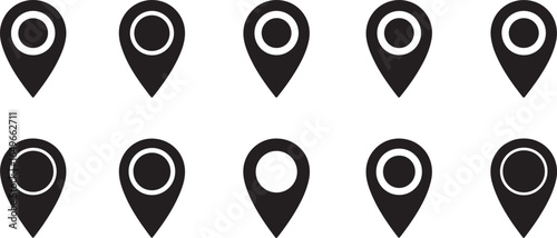 Vector art of collection of ten black location pin icons isolated on white background, representing navigation, destination, and travel
