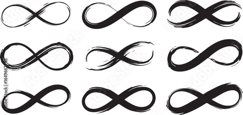 Vector art of collection of nine handdrawn infinity symbols in black ink with a brushstroke effect, isolated on a white background, representing concepts of eternity and endlessness