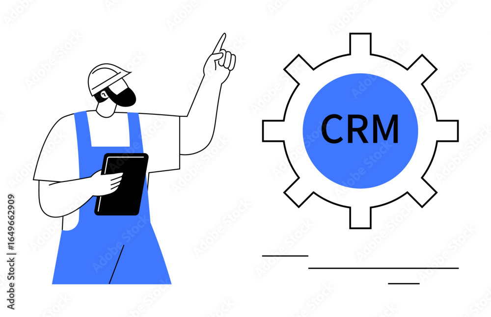 Worker in helmet holding tablet gestures toward gear labeled CRM, symbolizing efficient customer relationship management. Ideal for workflow optimization, technology, automation, database Worker in helmet holding tablet gestures toward gear labeled CRM, symbolizing efficient customer relationship management. Ideal for workflow optimization, technology, automation, database
