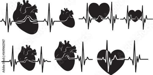 Vector art of collection of stylized heart icons with electrocardiogram ecg waveforms, representing cardiac health and life rhythm, isolated on white background