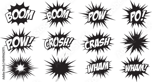 Vector art of collection of comic book style sound effect words like boom, pow, crash, and wham, isolated on a white background