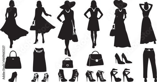 Vector art of collection of black fashion silhouettes of women in elegant dresses, hats, and accessories like handbags and high heels, isolated on a white background
