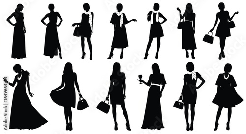 Vector art of collection of elegant female silhouettes in various fashionable dresses and poses, holding handbags and accessories, isolated on a white background