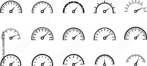 Vector art of collection of various speedometer and gauge icons with different levels and indicators, isolated on a clean white background, representing speed, performance, and measurement