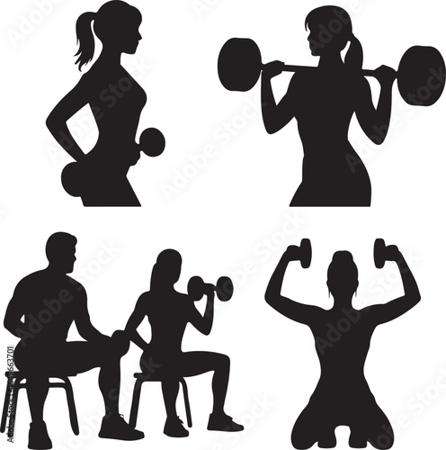 Silhouettes of people exercising with weights and barbells on white background fitness exercise