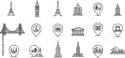 Vector art of collection of famous world landmarks and travel icons, including the eiffel tower, big ben, golden gate bridge, empire state building, and sydney opera house, isolated on white backgroun