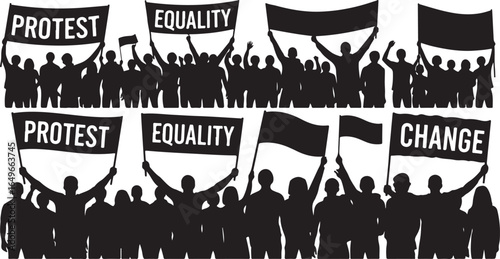 Vector art of silhouette crowd of people holding banners and signs with words protest, equality, and change, symbolizing activism and social movements isolated on white background