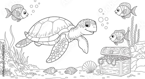 Cartoon Sea Turtle Swimming Near Treasure Chest with Fish and Seaweed Coloring Page