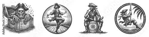 Vintage Hand-Drawn Pirate Swinging On Rope Illustration, Nautical Character Engraved Vector for Adventure and T-Shirt Design