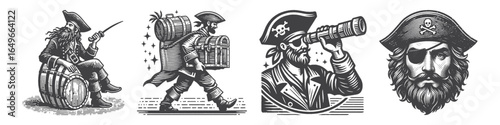 Vintage Hand-Drawn Pirate Carrying Treasure Illustration, Nautical Character Engraved Vector for Adventure and T-Shirt Design