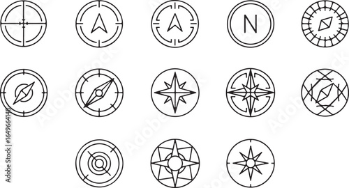 Vector art of collection of compass icons and symbols for navigation and direction, isolated on white background