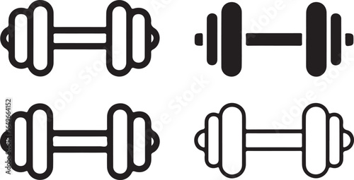 Four black and white dumbbell icons in a grid on white background Keywords: dumbbells, weights