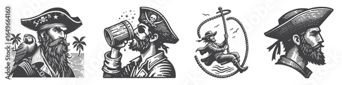 Vintage Hand-Drawn Pirate Drinking Coffee Illustration, Nautical Character Engraved Vector for Adventure and T-Shirt Design