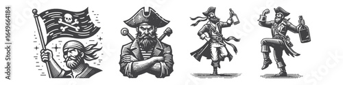 Vintage Hand-Drawn Pirate Waving Flag Illustration, Nautical Character Engraved Vector for Adventure and T-Shirt Design