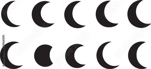 Vector art of collection of moon phases isolated on white background, illustrating the lunar cycle and celestial progression from crescent to full moon and back