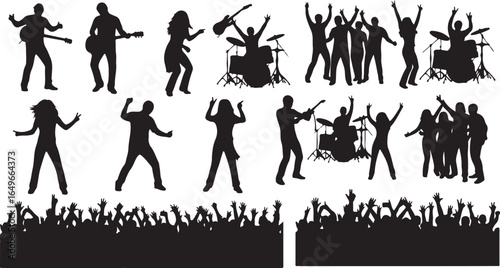 Vector art of dynamic silhouettes of a rock band performing on stage with energetic crowd cheering and hands raised, capturing the excitement of a live music concert event