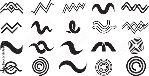 Vector art of collection of abstract black graphic design elements and symbols, including waves, spirals, and tribal motifs, isolated on a white background
