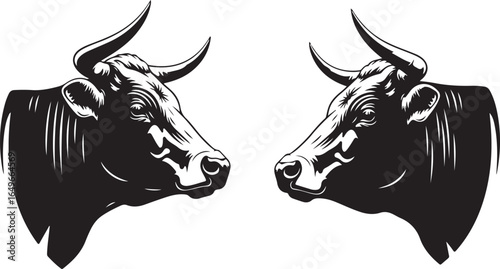 Vector art of two powerful bulls facing each other, isolated on white background, symbolizing strength and aggression in agriculture and bullfighting