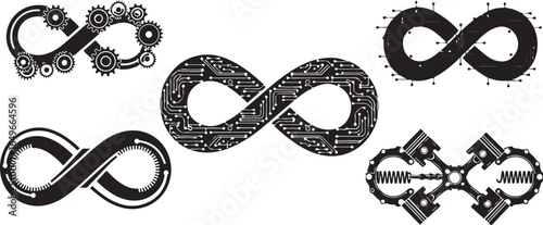 Vector art of collection of five stylized infinity symbols, each with a unique design representing concepts like gears, circuitry, and mechanical parts, isolated on white background