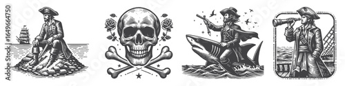 Vintage Hand-Drawn Pirate Riding Shark Illustration, Nautical Character Engraved Vector for Adventure and T-Shirt Design