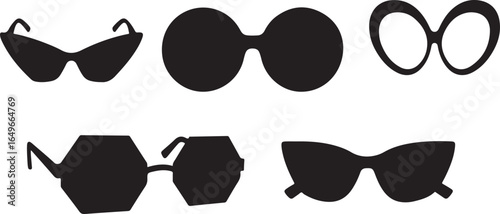 Vector art of collection of diverse sunglasses styles including cateye, round, oval, and geometric shapes, isolated on white background