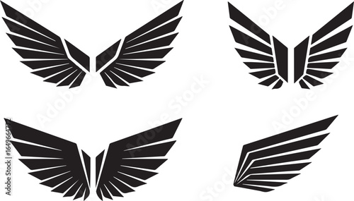 Vector art of collection of four stylized black wing designs, isolated on a white background, representing various concepts like freedom, power, and divinity