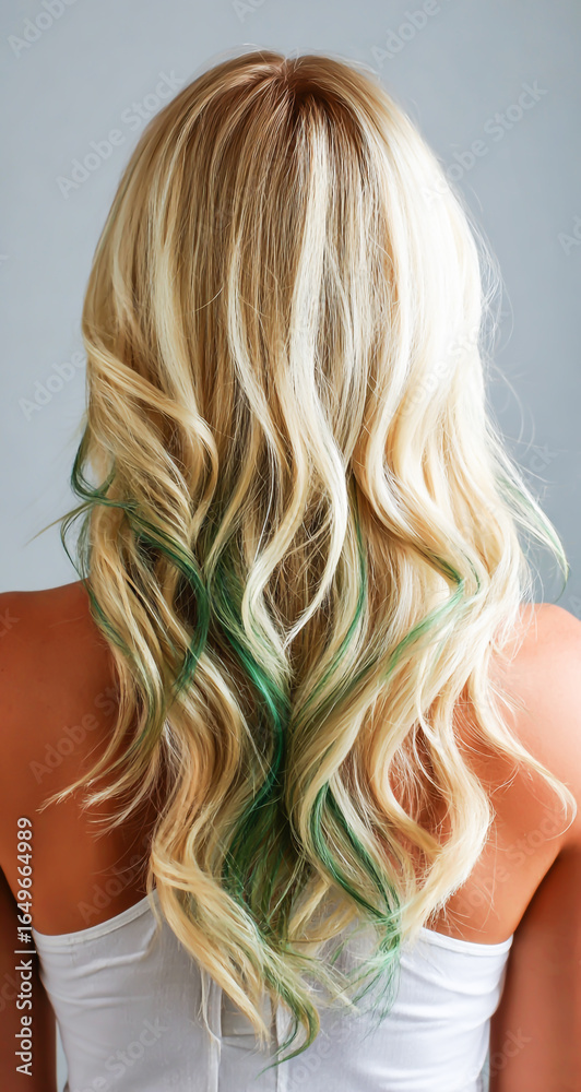 Naklejka premium White-blonde hair with green highlights, back view of a woman in a white top