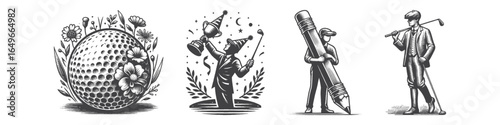 Vintage Hand-Drawn Golfer With Club Illustration, Sports Player Engraved Vector for Golf and T-Shirt Design