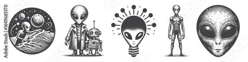 Vintage Hand-Drawn Alien With Robot Illustration, Space Creature Engraved Vector for Sci-Fi and T-Shirt Design