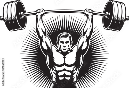 Muscular man lifting a heavy barbell with radiating lines behind him fitness bodybuilding