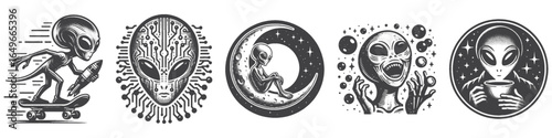 Vintage Hand-Drawn Alien Playing Skateboard Illustration, Space Creature Engraved Vector for Sci-Fi and T-Shirt Design