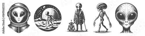 Vintage Hand-Drawn Alien Walking On Planet Illustration, Space Creature Engraved Vector for Sci-Fi and T-Shirt Design