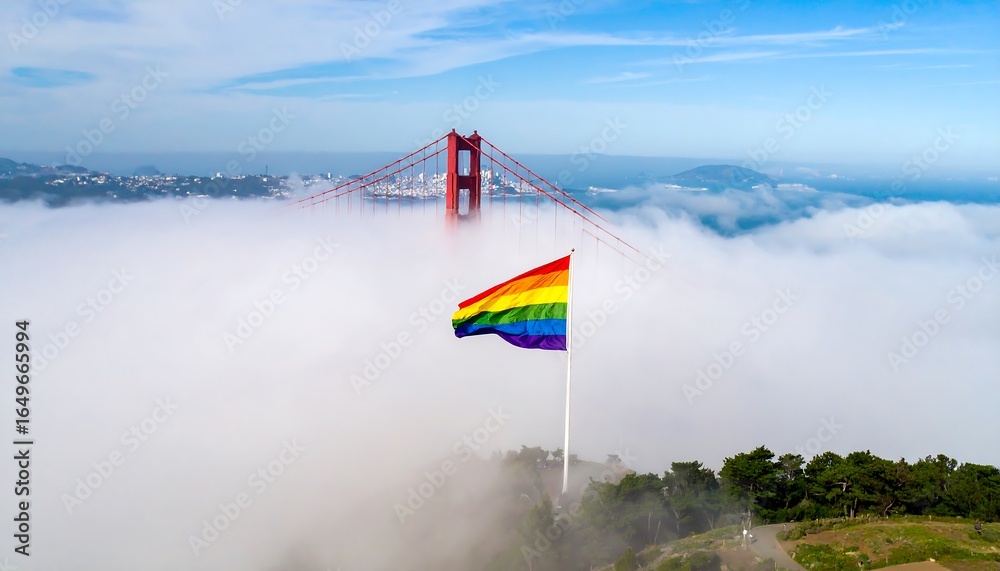 Naklejka premium Rainbow flag waving above a bridge shrouded in mist.