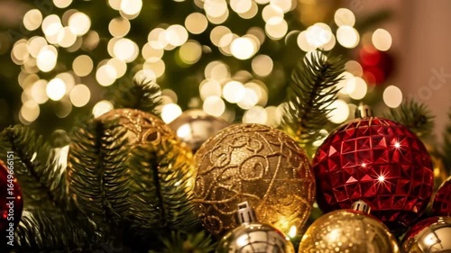 Luminous arrangement of Christmas baubles in festive red and gleaming gold, symbolizing holiday opulence and seasonal tradition