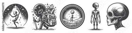 Vintage Hand-Drawn Alien Dancing Illustration, Space Creature Engraved Vector for Sci-Fi and T-Shirt Design