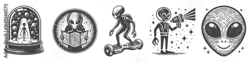 Vintage Hand-Drawn Alien Reading Paper Map Illustration, Space Creature Engraved Vector for Sci-Fi and T-Shirt Design