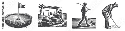 Vintage Hand-Drawn Flagstick Golf Illustration, Sports Equipment Engraved Vector for Golf and T-Shirt Design