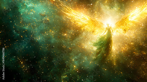 Glorious golden angel floating in the heart of a colorful nebula creating a celestial masterpiece