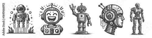 Vintage Hand-Drawn Laugh Robot Illustration, Futuristic Character Engraved Vector for Sci-Fi and T-Shirt Design