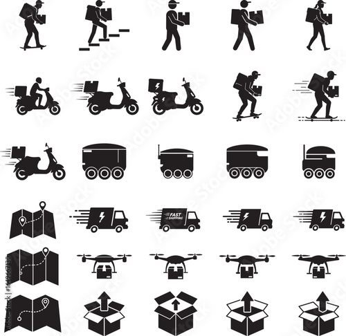 Collection of delivery and logistics icons featuring people vehicles and drones silhouette