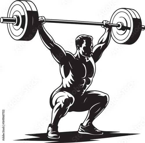 Bodybuilder Performing Overhead Squat with Barbell Black and White Illustration muscular fitness