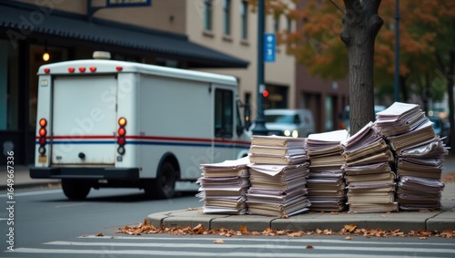 Delivering the news postal truck near stacked newspapers in urban environment daytime scene