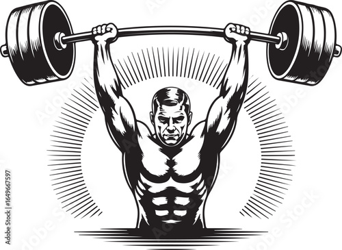 Muscular man lifting barbell overhead with radiating lines graphic weightlifting strength