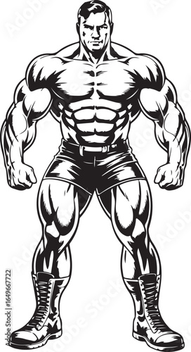 Muscular Bodybuilder Standing Flexing Biceps Black and White Illustration fitness strength