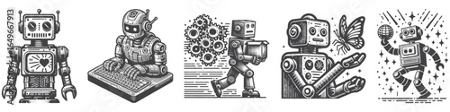 Vintage Hand-Drawn Robot Typing Illustration, Futuristic Character Engraved Vector for Sci-Fi and T-Shirt Design