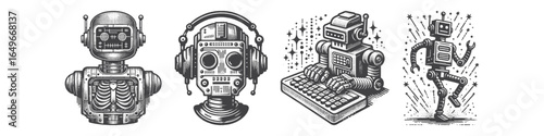 Vintage Hand-Drawn Robot Hearing Music Illustration, Futuristic Character Engraved Vector for Sci-Fi and T-Shirt Design