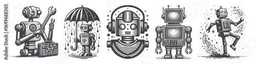 Vintage Hand-Drawn Robot Dancing Illustration, Futuristic Character Engraved Vector for Sci-Fi and T-Shirt Design