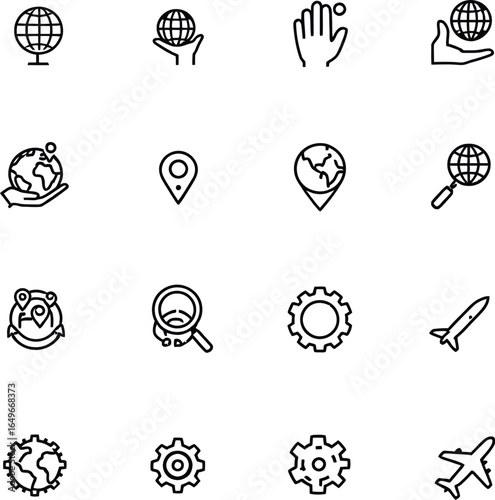 Global Exploration Icon Set Featuring Line Art of Globes, Gears, Magnifying Glasses, Travel Symbols, and Navigation Tools
