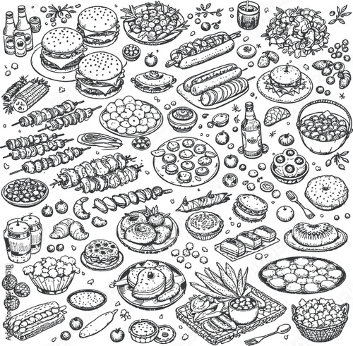Global Cuisine Icon Set Featuring Black-and-White Illustrations of Burgers, Sushi, Pasta, Desserts, Snacks, and Traditional Dishes