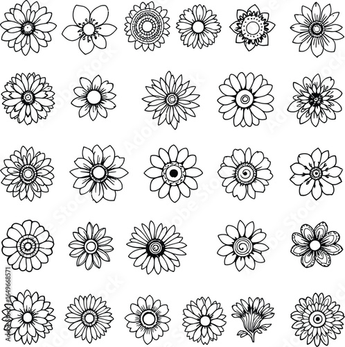 Floral Icon Set Featuring 30 Unique Black and White Flower Illustrations with Diverse Petal Shapes and Botanical Patterns